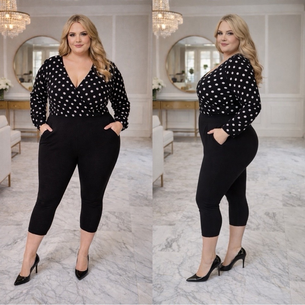 TORRID Faux Wrap Calf Length Polka Dot Black Plus Size Jumpsuit Sz 5
